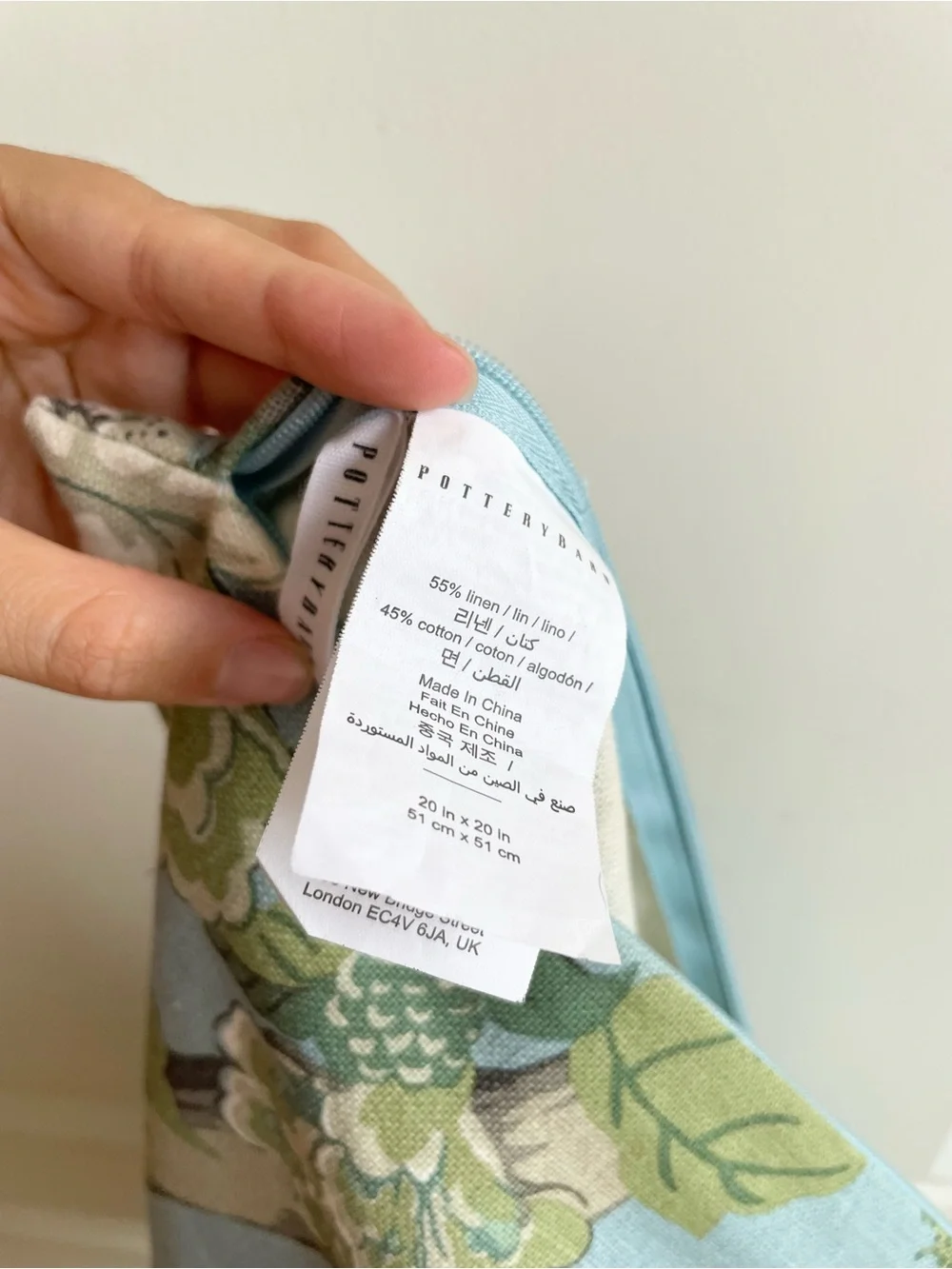 Pottery Barn Throw Pillow 20x20” Bird And Floral Print Blue Green Linen Cotton